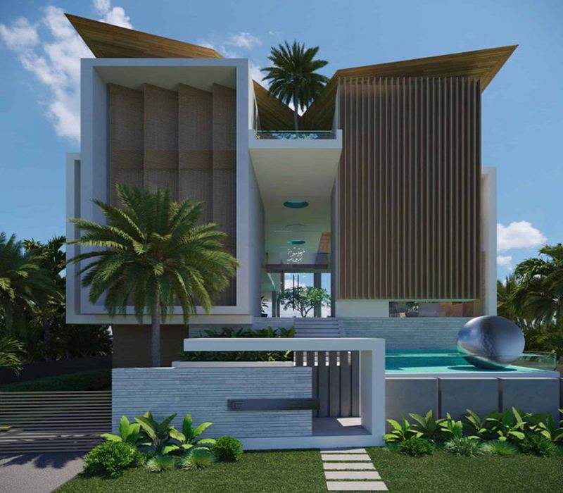 Bên ngoài căn biệt thự vườn ven biển có bể bơi