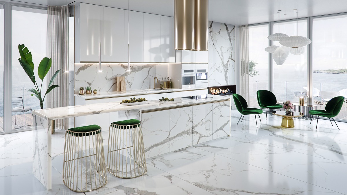 Mẫu thiết kế bếp với tone màu trắng- xanh lá cùng chất liệu cao cấp, sang trọng- HOME68