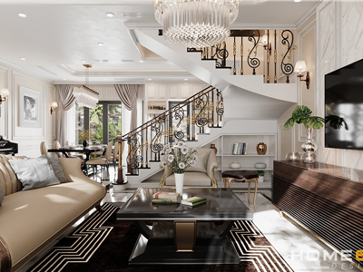Thiết kế nội thất phòng khách+bếp cho biệt thự tân cổ điển tại Vinhomes Marina Hải Phòng