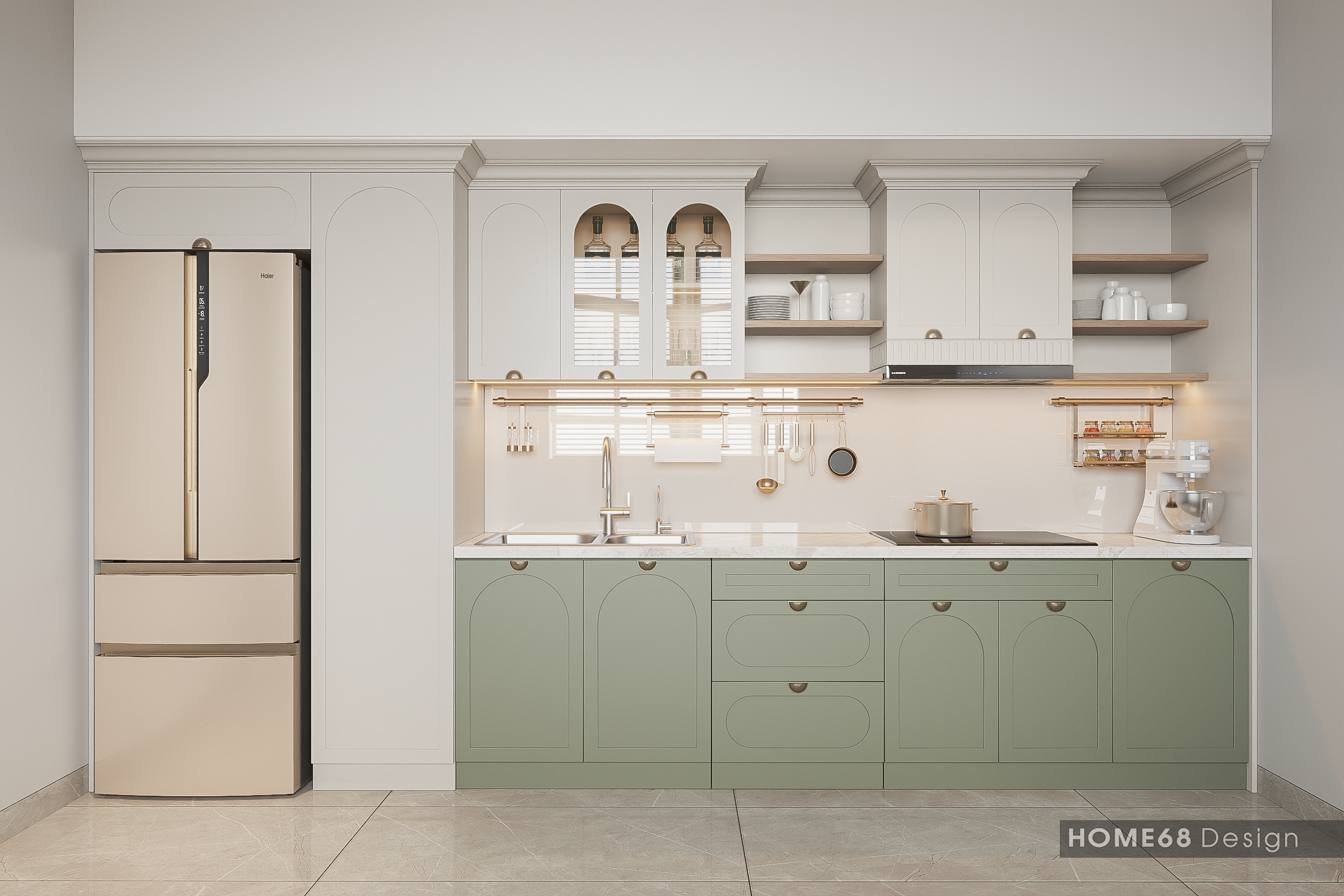 Tủ bếp Tân cổ nhựa Picomat phủ sơn Inchem tại Vũ Yên, Hải Phòng - CĐT Chị Hằng