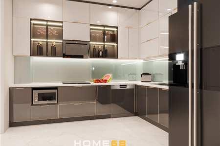 Tủ bếp cánh kính khung nhựa Picomat nhà chị Ngọc- Dự án tại Đồng Tâm, Hải Phòng