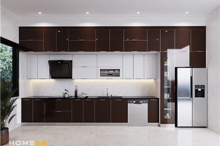 Tủ bếp cánh kính viền hợp kim nhôm màu trắng nâu nhà chị Thúy tại Đông Phong, Hải An, Hải Phòng