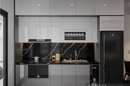 Mẫu tủ bếp nhựa Picomat cánh phủ Acrylic tinh tế cho chung cư mini 7 tầng tại Cầu Đất - Hải Phòng