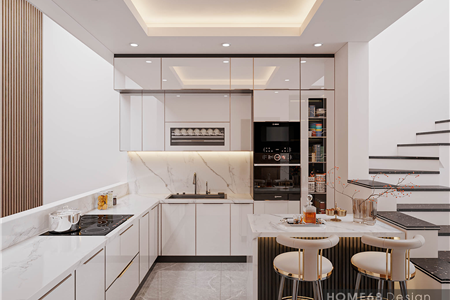 Tủ bếp inox cánh kính cường lực nhà chị Diễm tại Hải Phòng