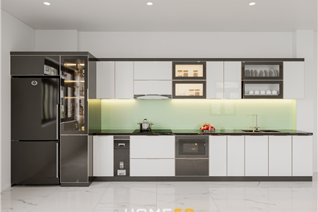 Tủ bếp cánh kính cường lực phủ nhũ nhà chú Hùng tại Phủ Thượng Đoạn, Hải Phòng