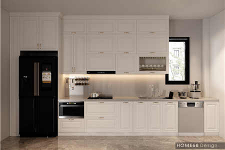 Mẫu tủ bếp tân cổ điển nhựa picomat phủ sơn inchem - CĐT Chị Chi tại Dương Kinh