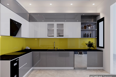 Tủ bếp khung nhựa Picomat cánh phủ Acrylic nhà anh Nghĩa tại Đa Phúc, Hải Phòng